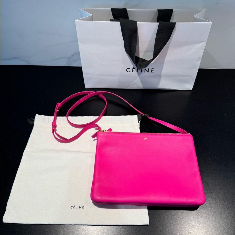 🩷 Celine Large Bright Pink Trio Crossbody Bag Calf Leather